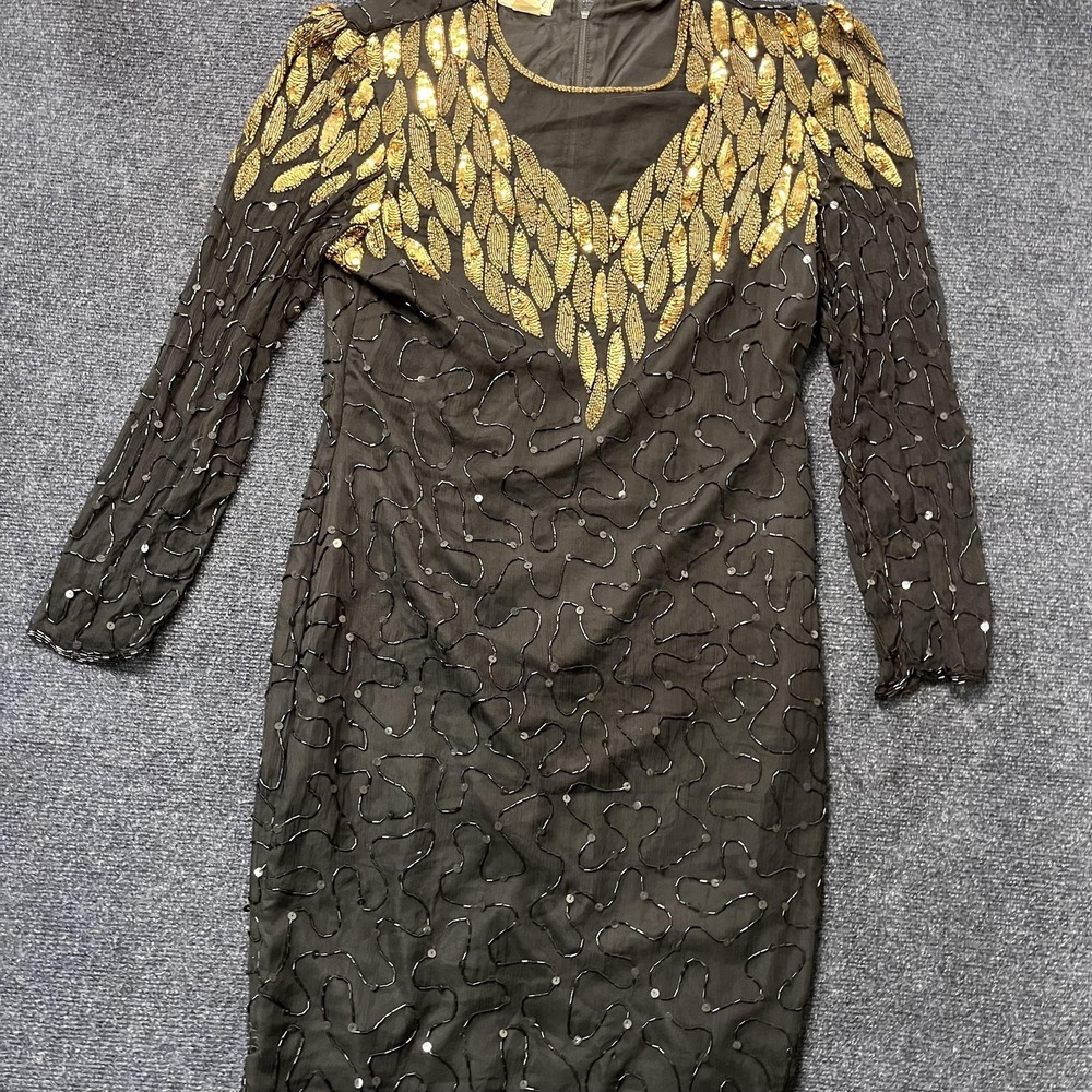 Vintage 80s Stenay Womens 12 Black Sequin Beaded Long Sleeve Sheath Dress